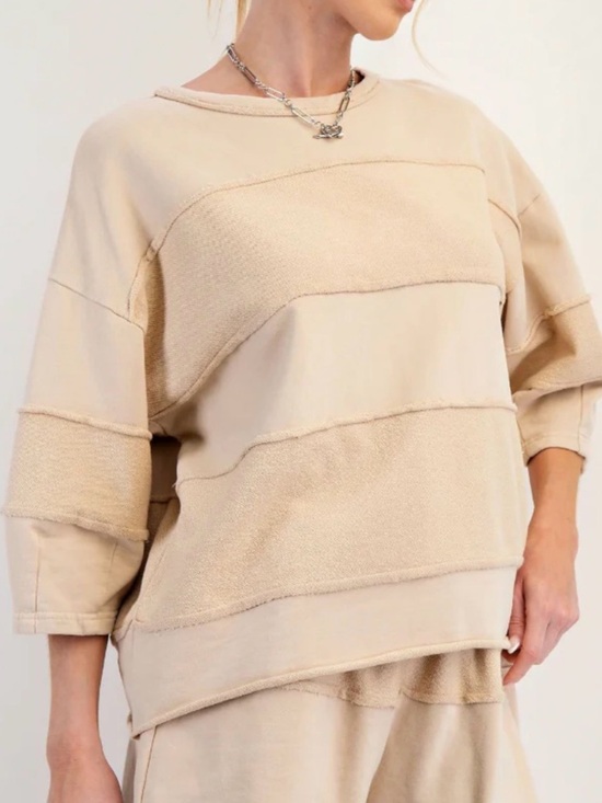 easel Tops - easel Beige Crewneck Sweatshirt Top Raw Hems Heart 3/4 Sleeves